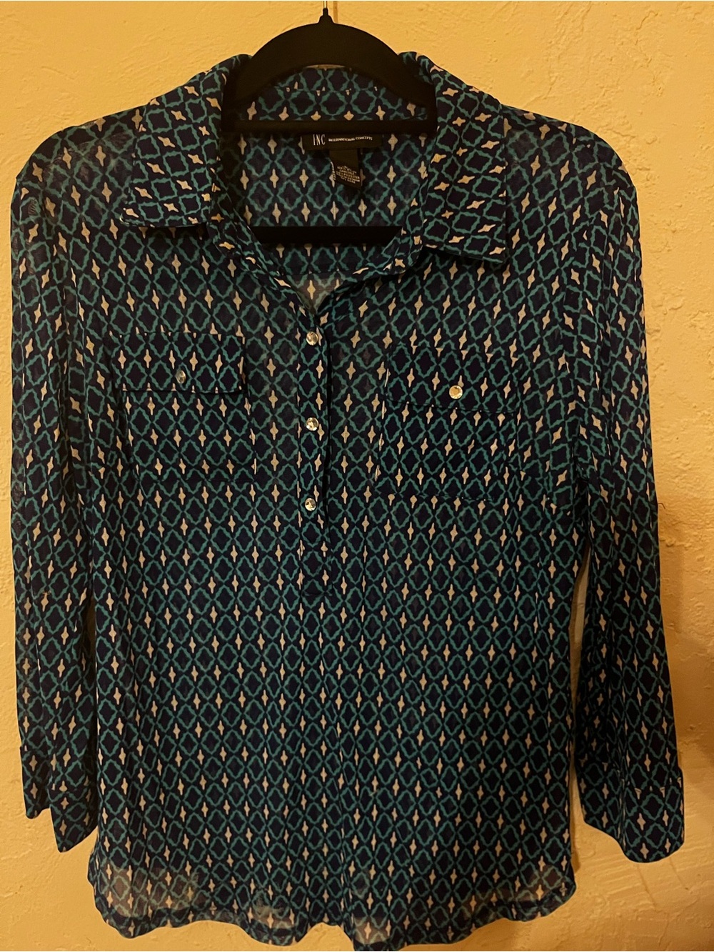 INC International Concepts Navy and Teal Geometric Button-Up Blouse